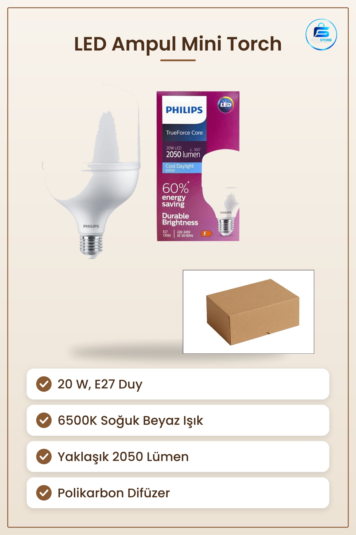 Mini Torch LED Ampul 20W E27 6500K 2050 Lumen Soğuk Beyaz Ev Ofis Atölye Enerji Tasarruflu