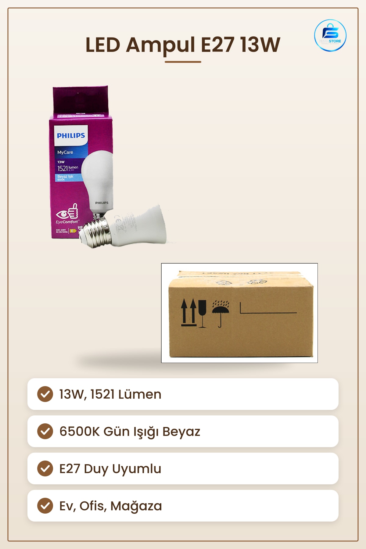 Ampul LED E27 13W 6500K 1521 Lumen Beyaz Işık Ev Ofis Mağaza Gün Işığı Uzun Ömürlü
