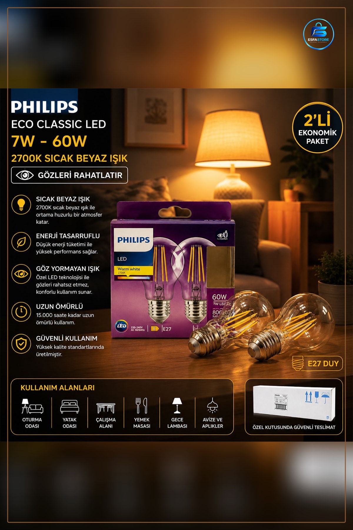 LED Filament Rustik Ampul E27 7W Lümen Cam Gövde Sıcak Işık Dekoratif Kafe Restoran Mekan