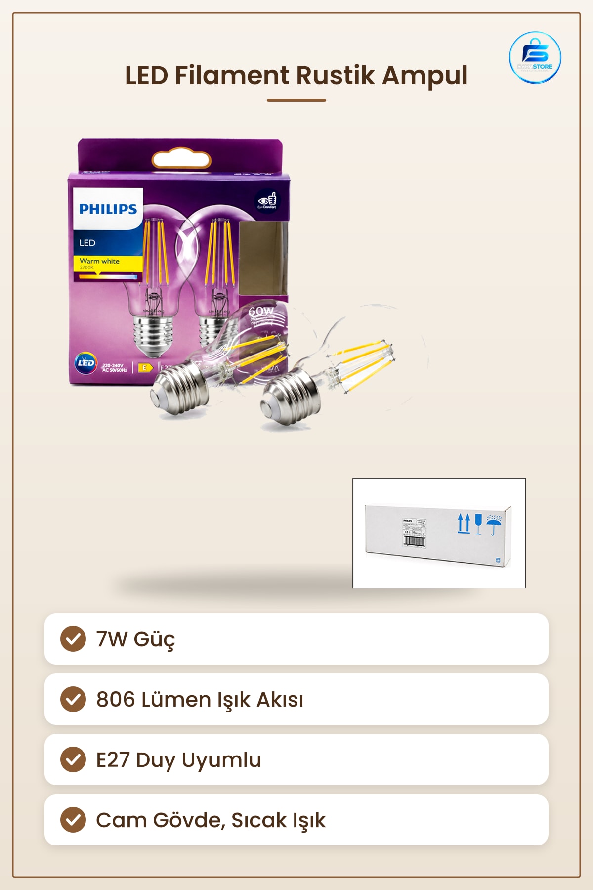 LED Filament Rustik Ampul E27 7W Lümen Cam Gövde Sıcak Işık Dekoratif Kafe Restoran Mekan