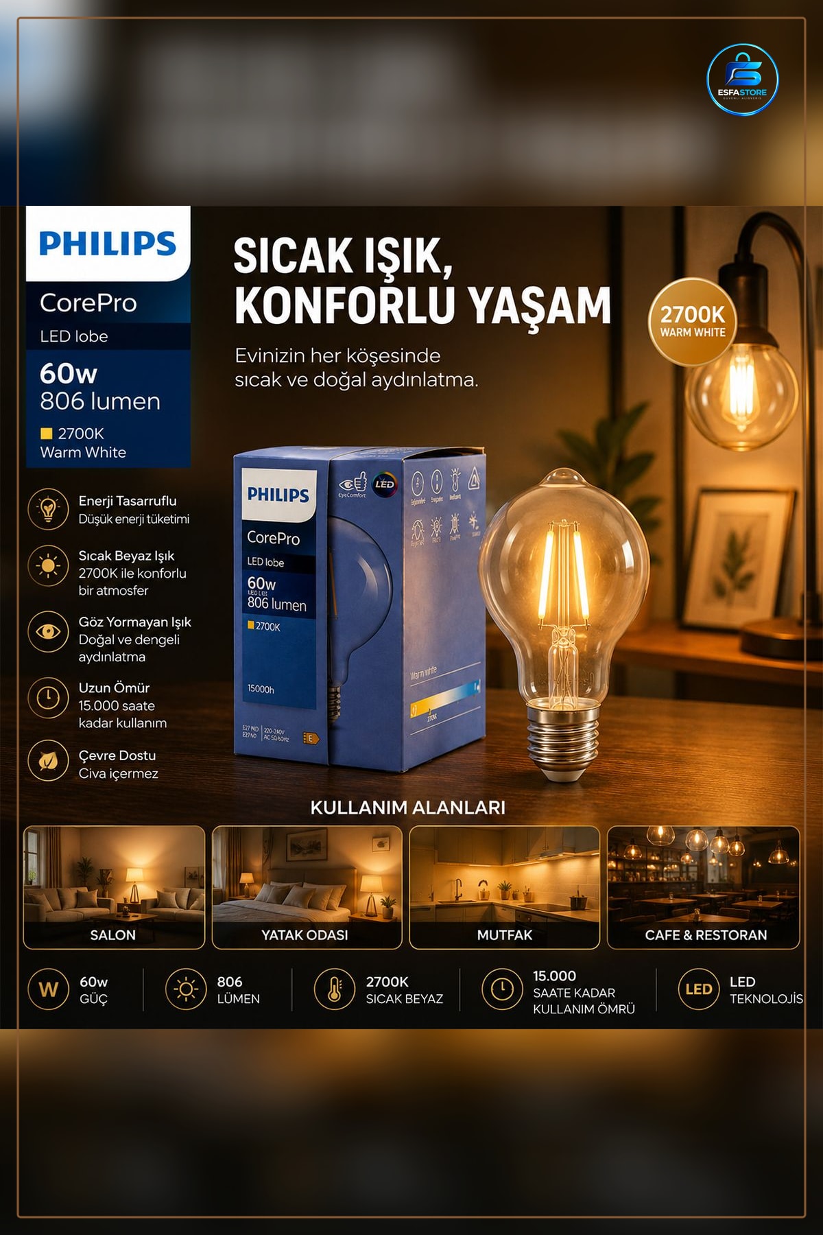 LED Filament Ampul E27 2700K Rustik G93 Sıcak Beyaz Dekoratif Avize Kafe Restoran Aydınlatma