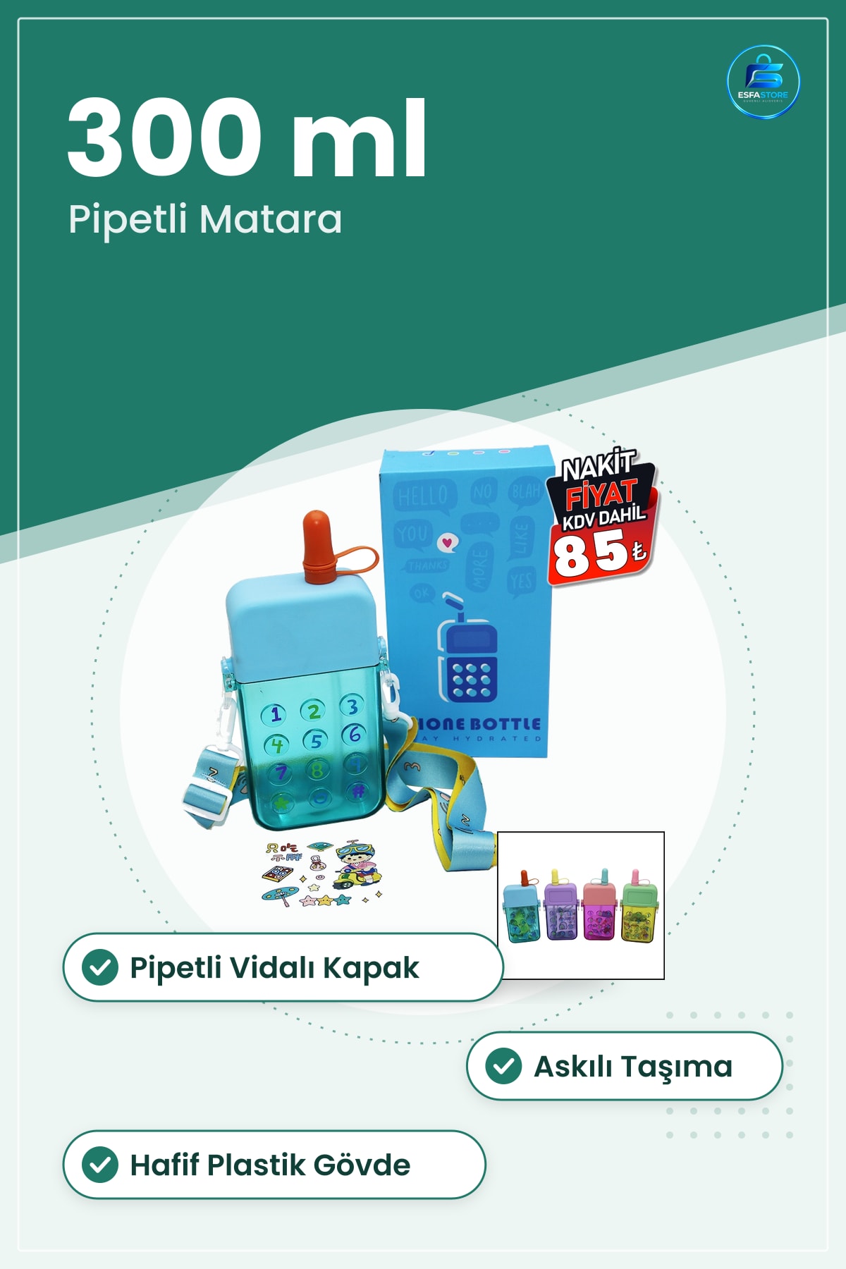 Spor Matara 300 ml Telefon Modeli Pipetli Vidalı Kapak Askılı Su Matarası Okul Yürüyüş Seyahat