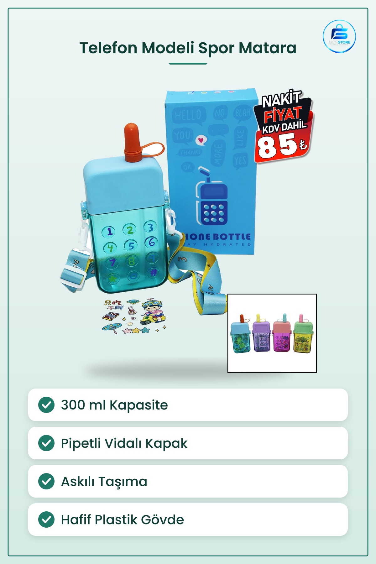 Spor Matara 300 ml Telefon Modeli Pipetli Vidalı Kapak Askılı Su Matarası Okul Yürüyüş Seyahat