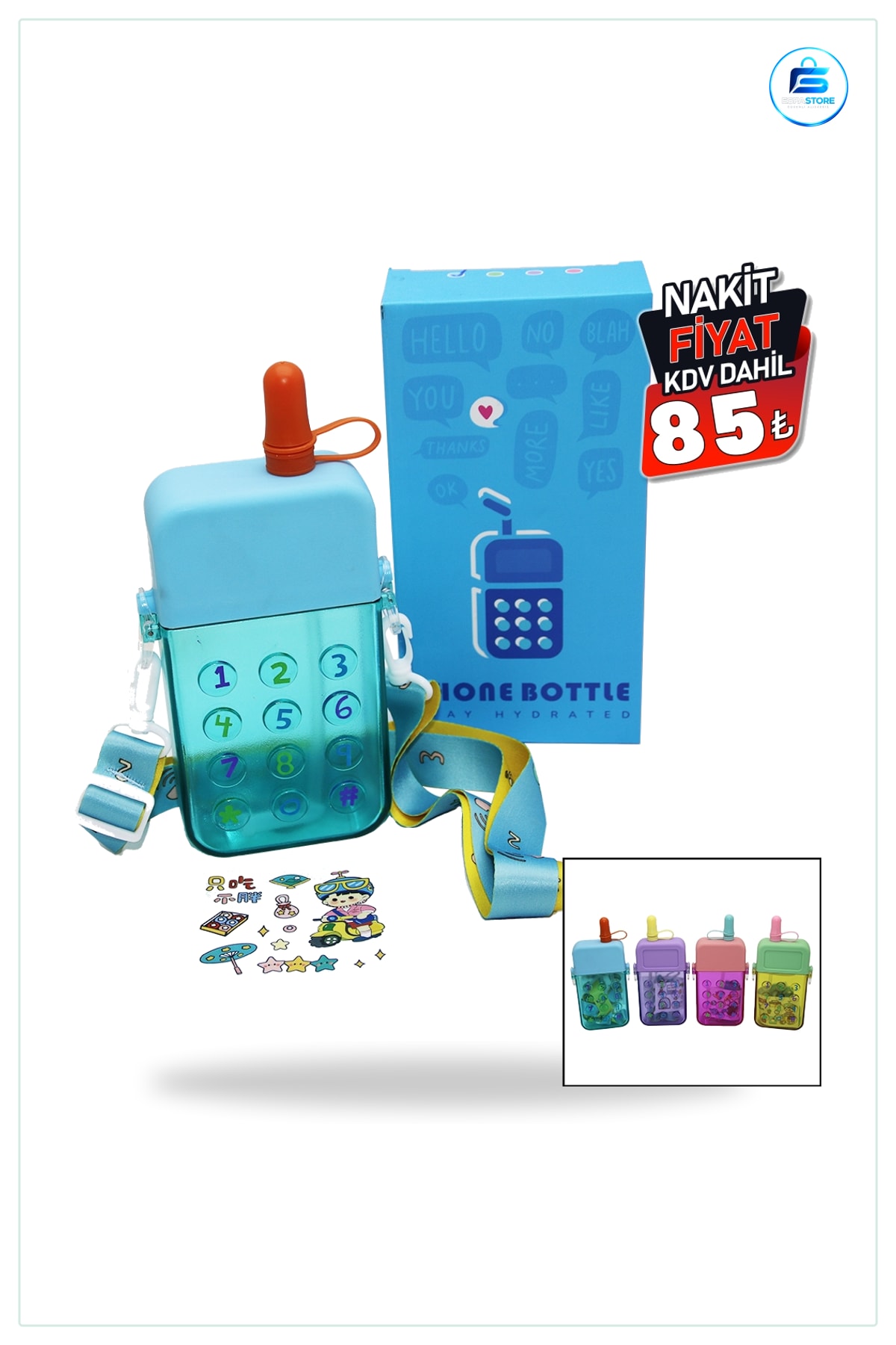 Spor Matara 300 ml Telefon Modeli Pipetli Vidalı Kapak Askılı Su Matarası Okul Yürüyüş Seyahat