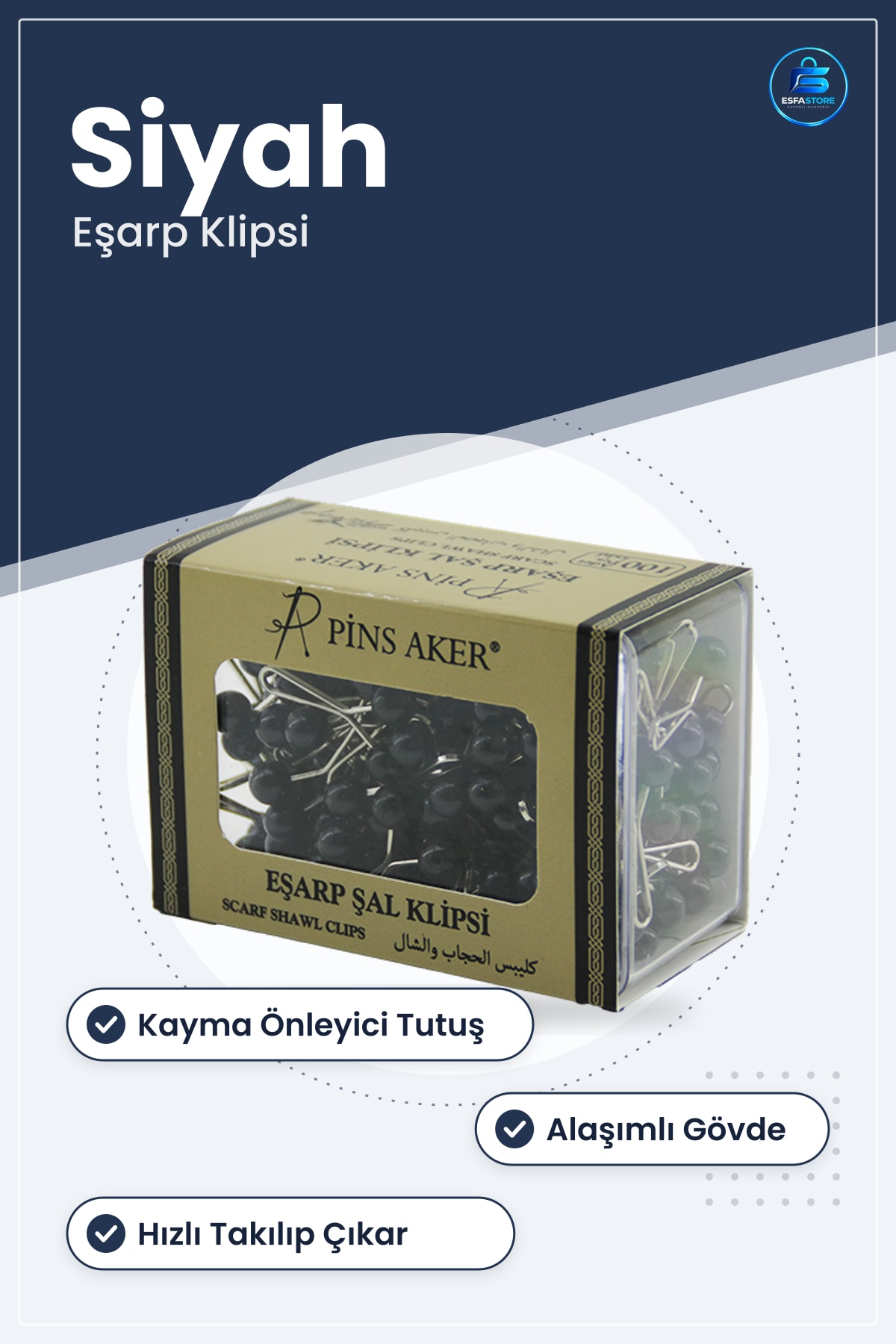 Boncuklu Siyah Eşarp Şal Klipsi Toka Alaşımlı Gövdeli Kayma Önleyici Şık Günlük Aksesuar