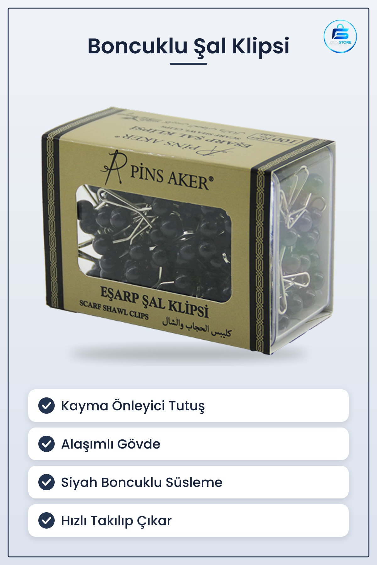 Boncuklu Siyah Eşarp Şal Klipsi Toka Alaşımlı Gövdeli Kayma Önleyici Şık Günlük Aksesuar