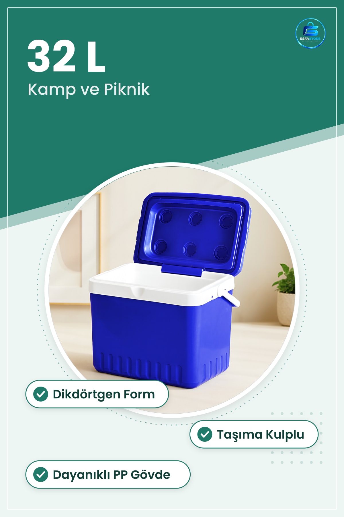 Soğutucu Buzluk 32 Litre Dikdörtgen Taşıma Kulplu Kamp Piknik Plaj Dayanıklı Plastik Gövdeli