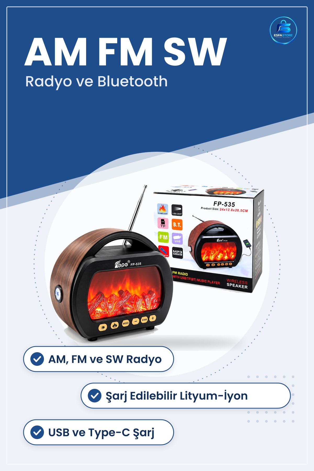 Bluetooth Hoparlör Şömineli Radyo Fenerli AM FM SW USB Type-C TF Kart Retro Kamp Piknik