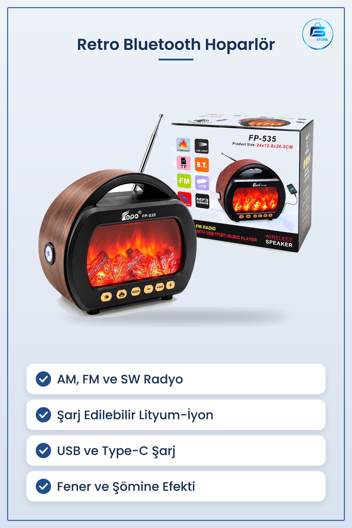 Bluetooth Hoparlör Şömineli Radyo Fenerli AM FM SW USB Type-C TF Kart Retro Kamp Piknik