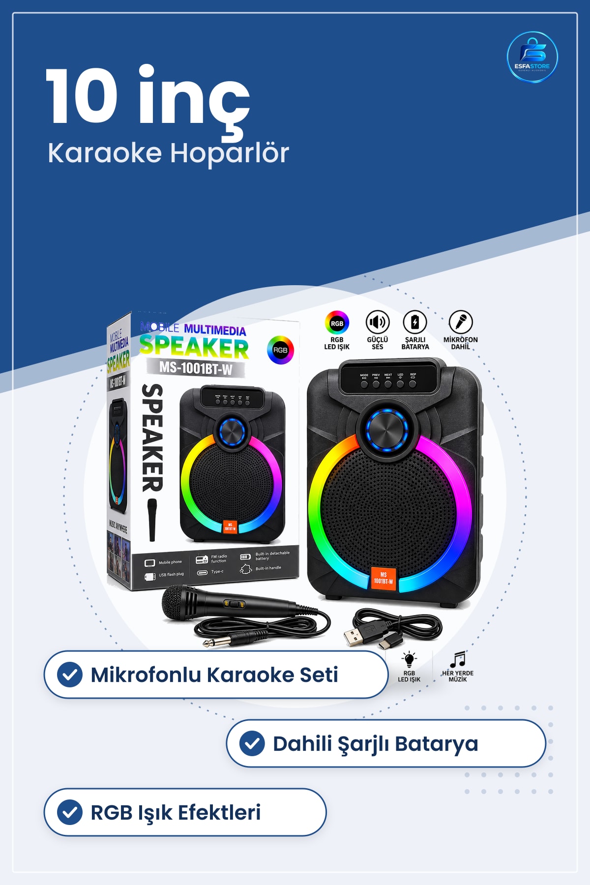 Bluetooth Hoparlör " Karaoke Mikrofonlu Şarjlı RGB Taşınabilir Ses Sistemi Parti Ev