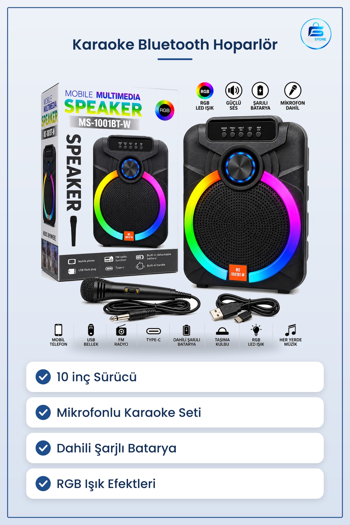 Bluetooth Hoparlör " Karaoke Mikrofonlu Şarjlı RGB Taşınabilir Ses Sistemi Parti Ev