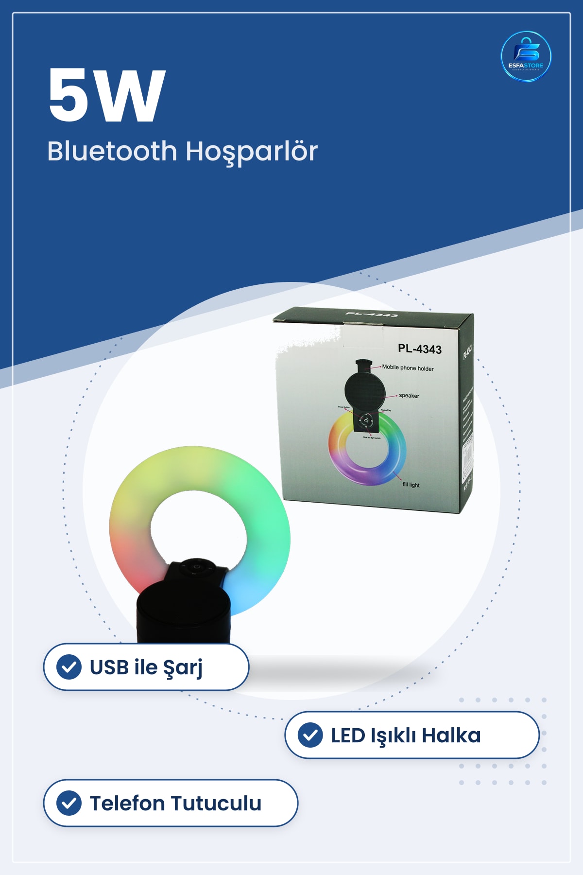 Bluetooth Mini Hoparlör 5W USB Şarjlı LED Işıklı Telefon Tutuculu Taşınabilir Ofis Masaüstü