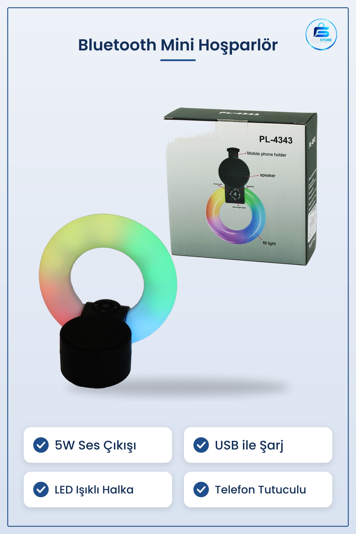 Bluetooth Mini Hoparlör 5W USB Şarjlı LED Işıklı Telefon Tutuculu Taşınabilir Ofis Masaüstü