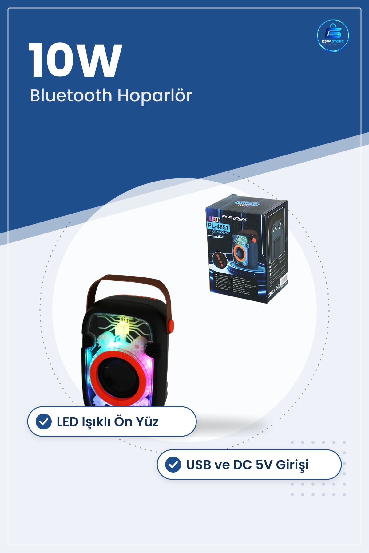 Bluetooth Hoparlör 10W USB & DC 5V Taşınabilir LED Işıklı Kablosuz Ses Kutusu Parti Dış Mekan