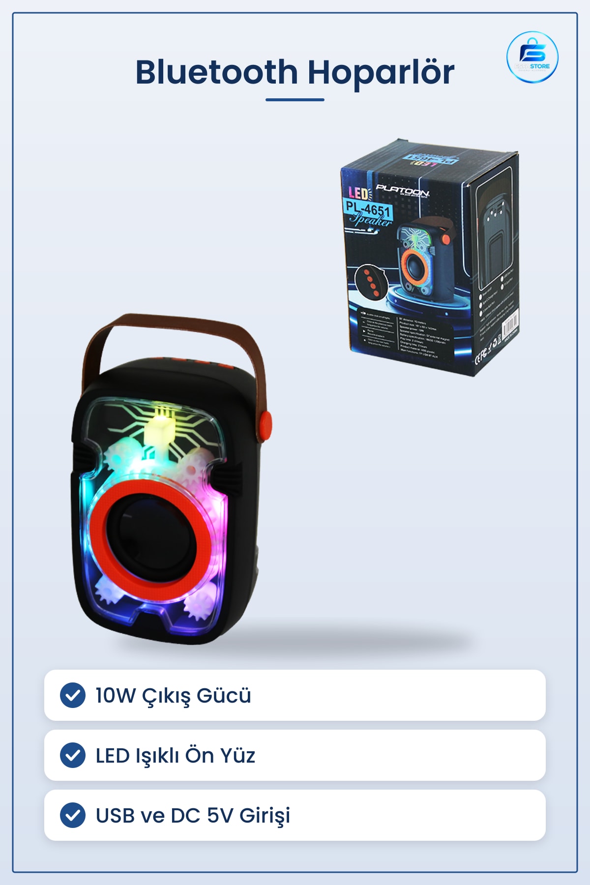 Bluetooth Hoparlör 10W USB & DC 5V Taşınabilir LED Işıklı Kablosuz Ses Kutusu Parti Dış Mekan