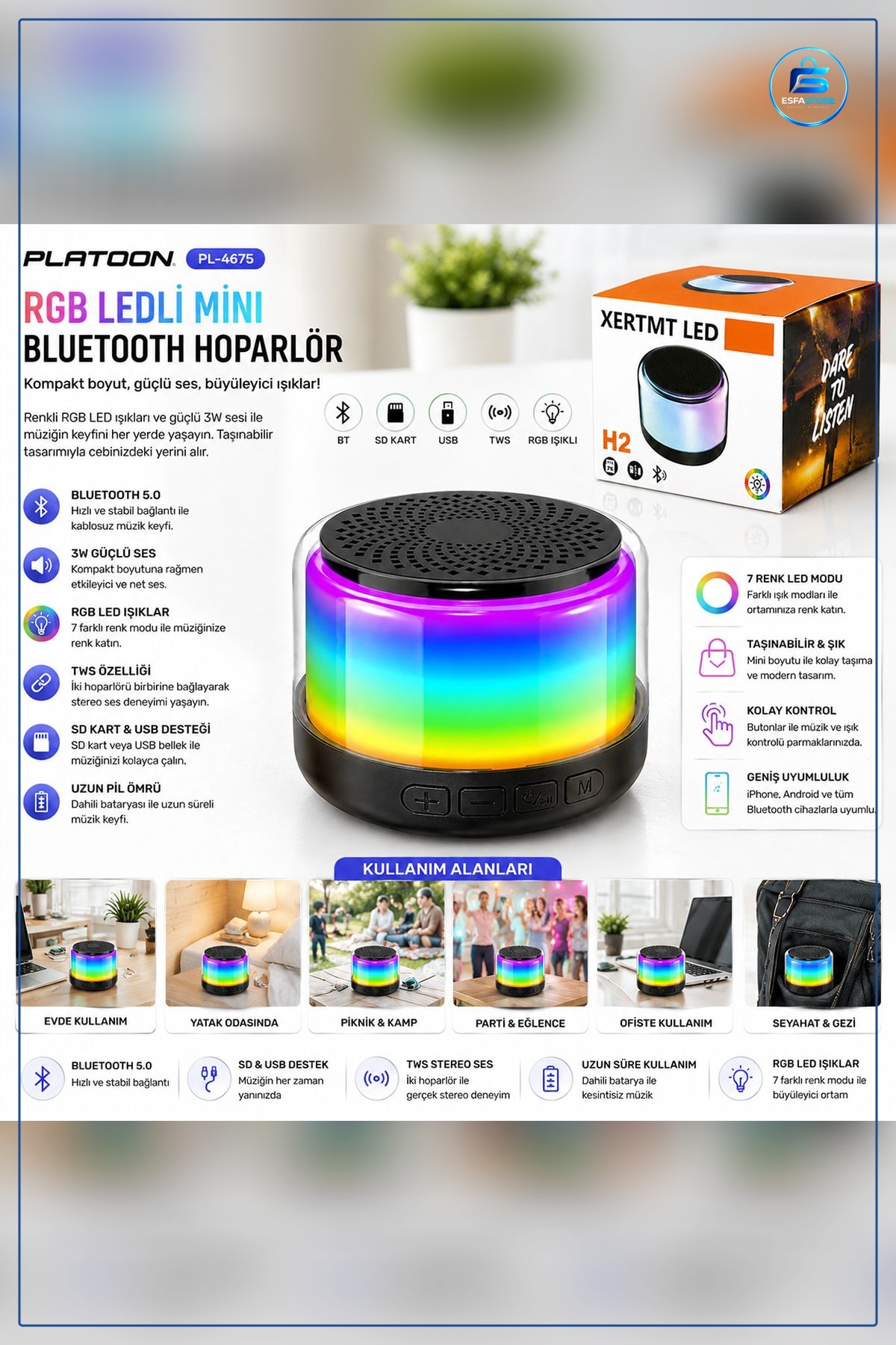 Bluetooth Hoparlör 3W RGB USB SD Şarjlı Taşınabilir Işıklı Kablosuz Ev Ofis Seyahat