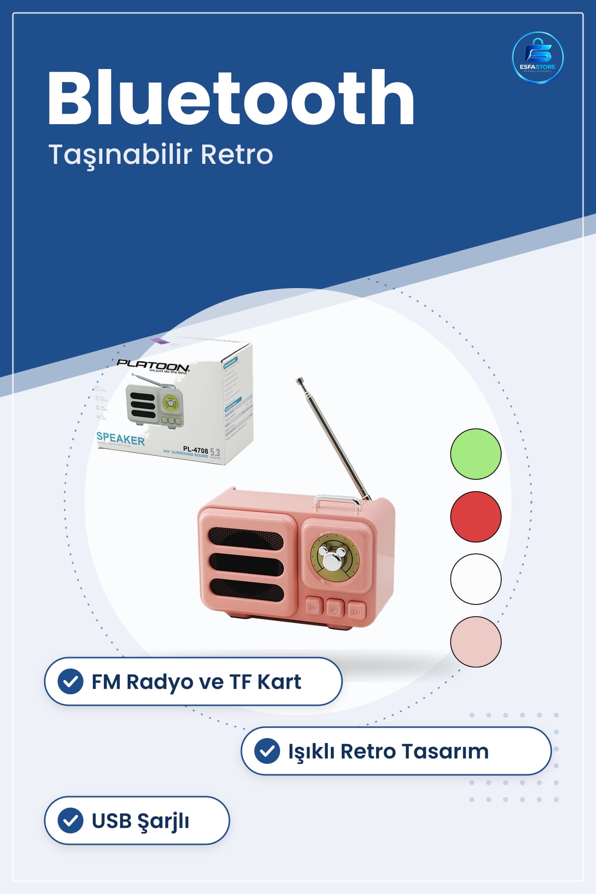 Bluetooth Hoparlör Retro Taşınabilir Işıklı USB Şarjlı TF Kart FM Radyo Pembe Kasa Kablosuz