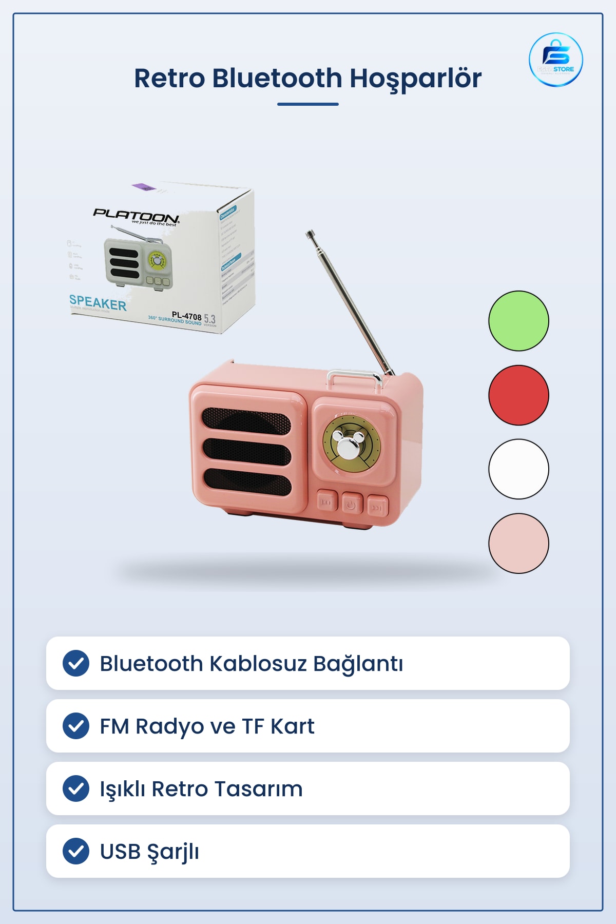 Bluetooth Hoparlör Retro Taşınabilir Işıklı USB Şarjlı TF Kart FM Radyo Pembe Kasa Kablosuz