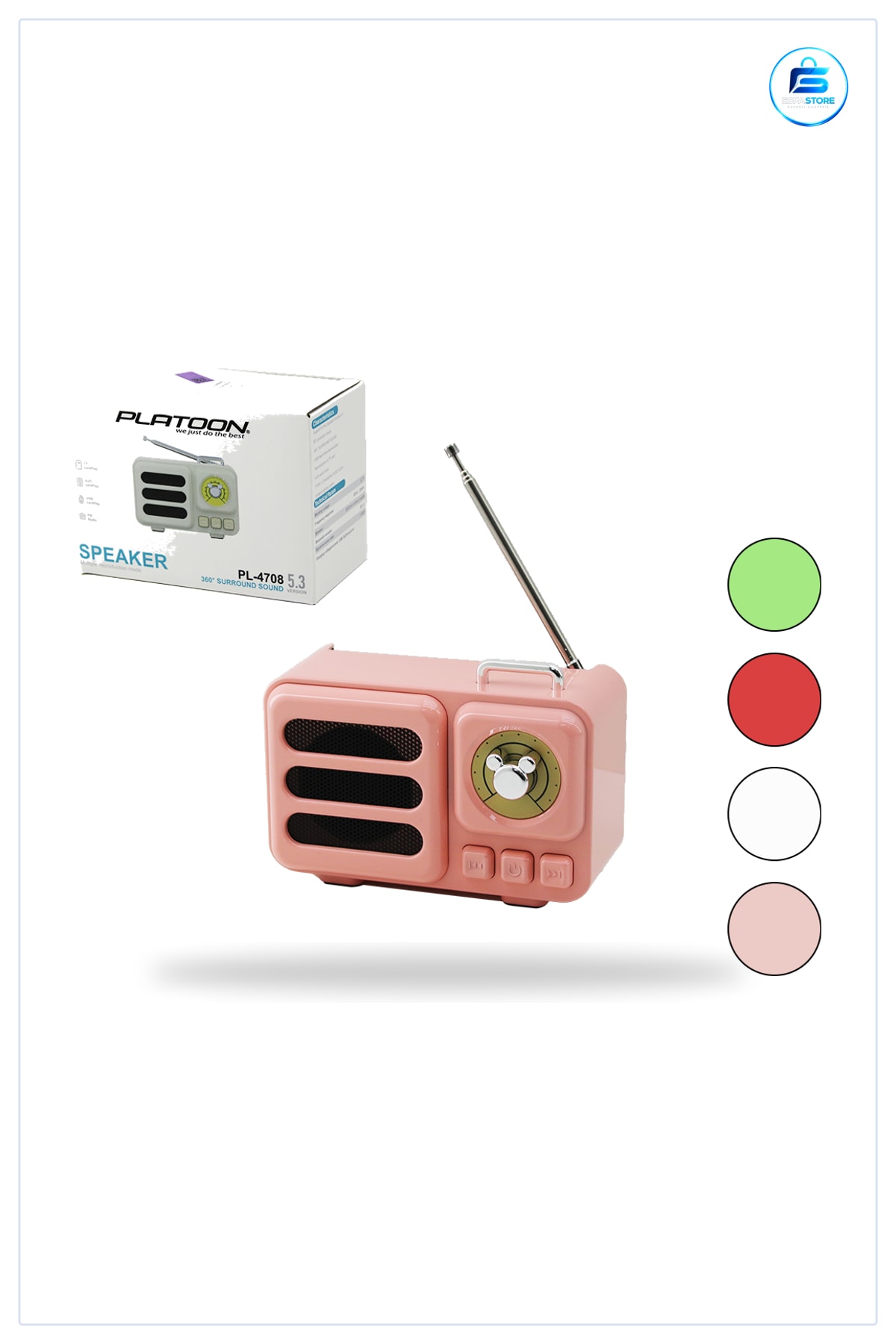 Bluetooth Hoparlör Retro Taşınabilir Işıklı USB Şarjlı TF Kart FM Radyo Pembe Kasa Kablosuz