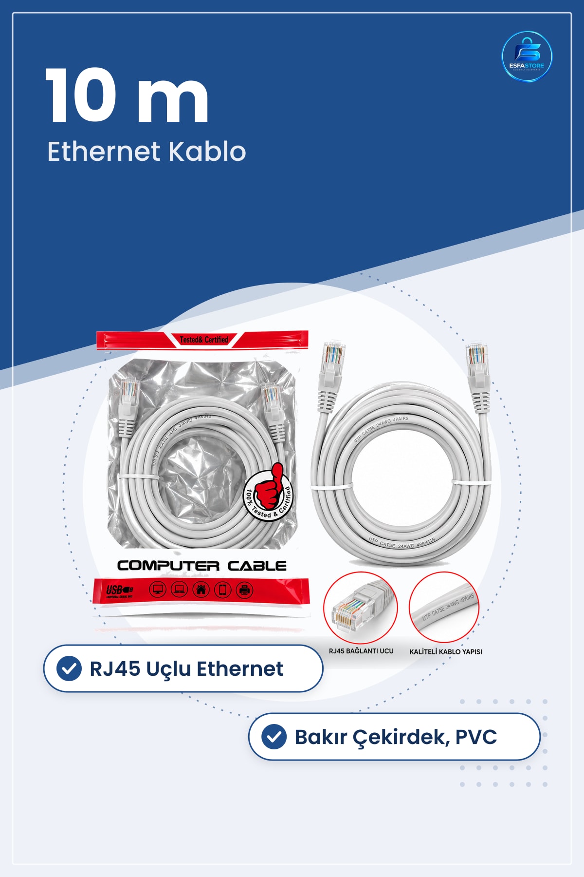 CAT5E Network Kablosu 10 m Ethernet Data Cable RJ45 UTP 24AWG Ofis Ev Modem Router Switch