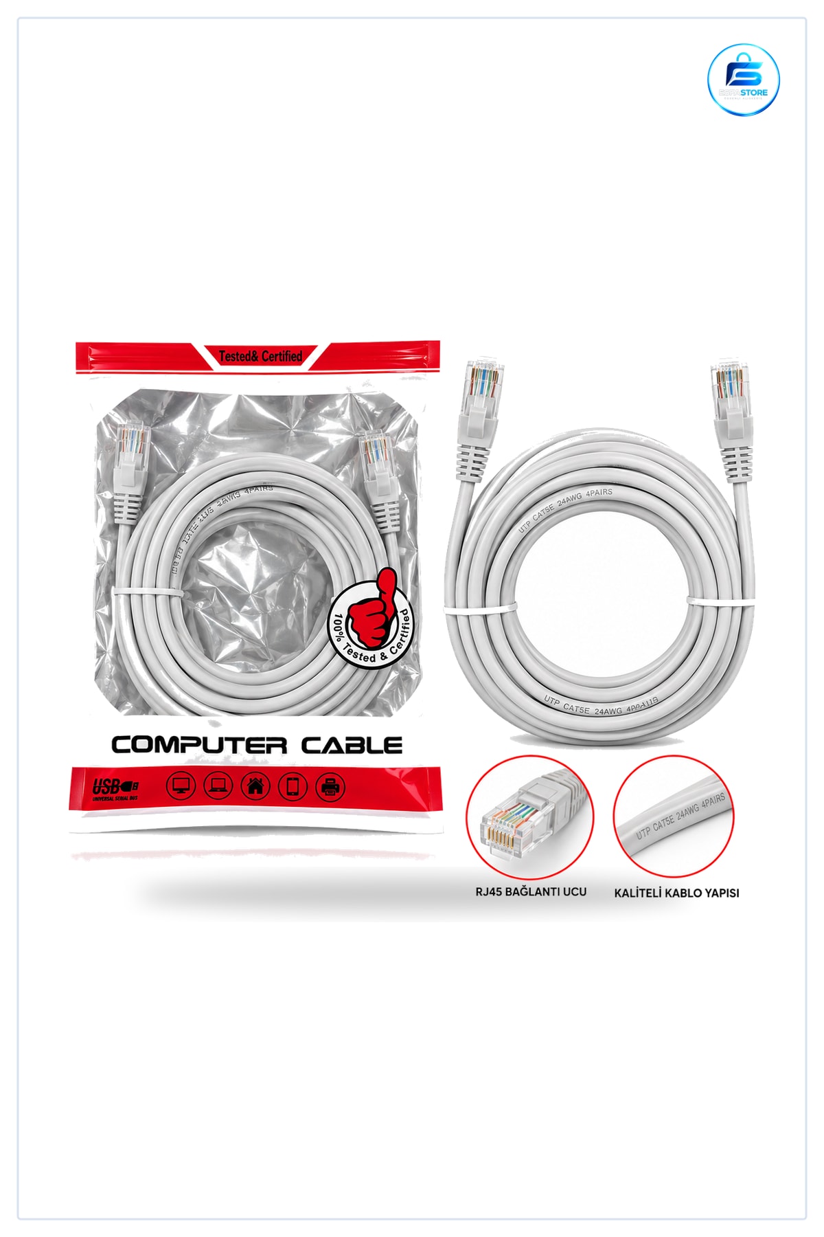 CAT5E Network Kablosu 10 m Ethernet Data Cable RJ45 UTP 24AWG Ofis Ev Modem Router Switch