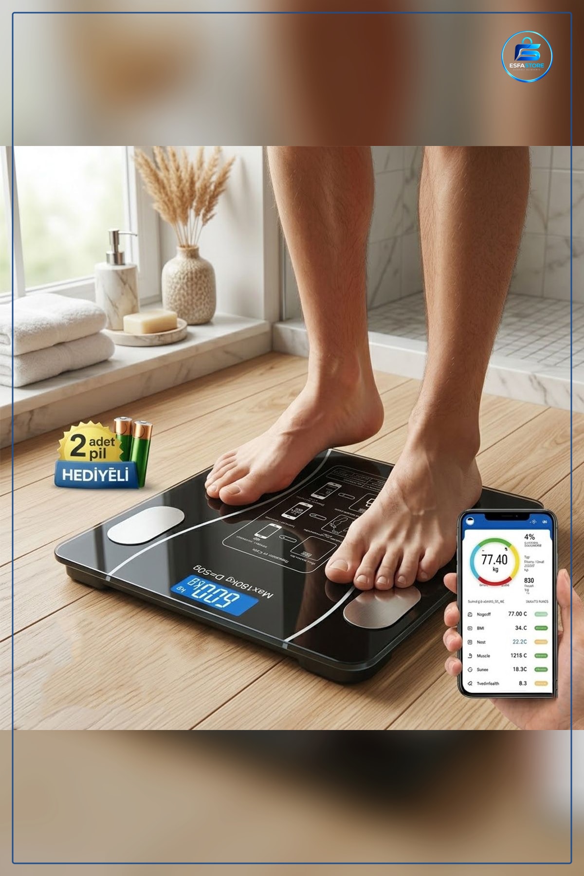 Vücut Analizli Bluetooth Dijital Baskül 180kg/50g Tartı Akıllı Kilo Yağ Kas Oranı Ölçer Banyo