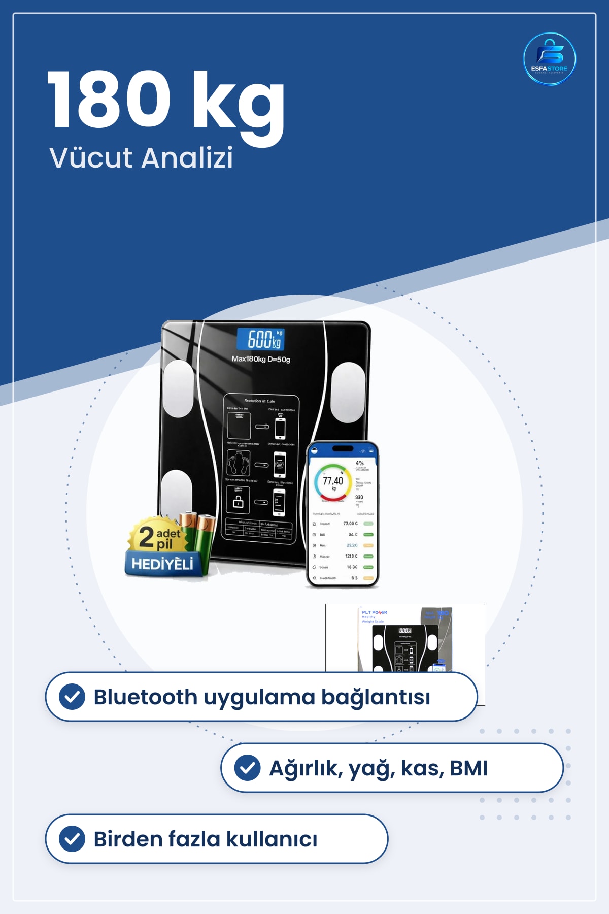 Vücut Analizli Bluetooth Dijital Baskül 180kg/50g Tartı Akıllı Kilo Yağ Kas Oranı Ölçer Banyo