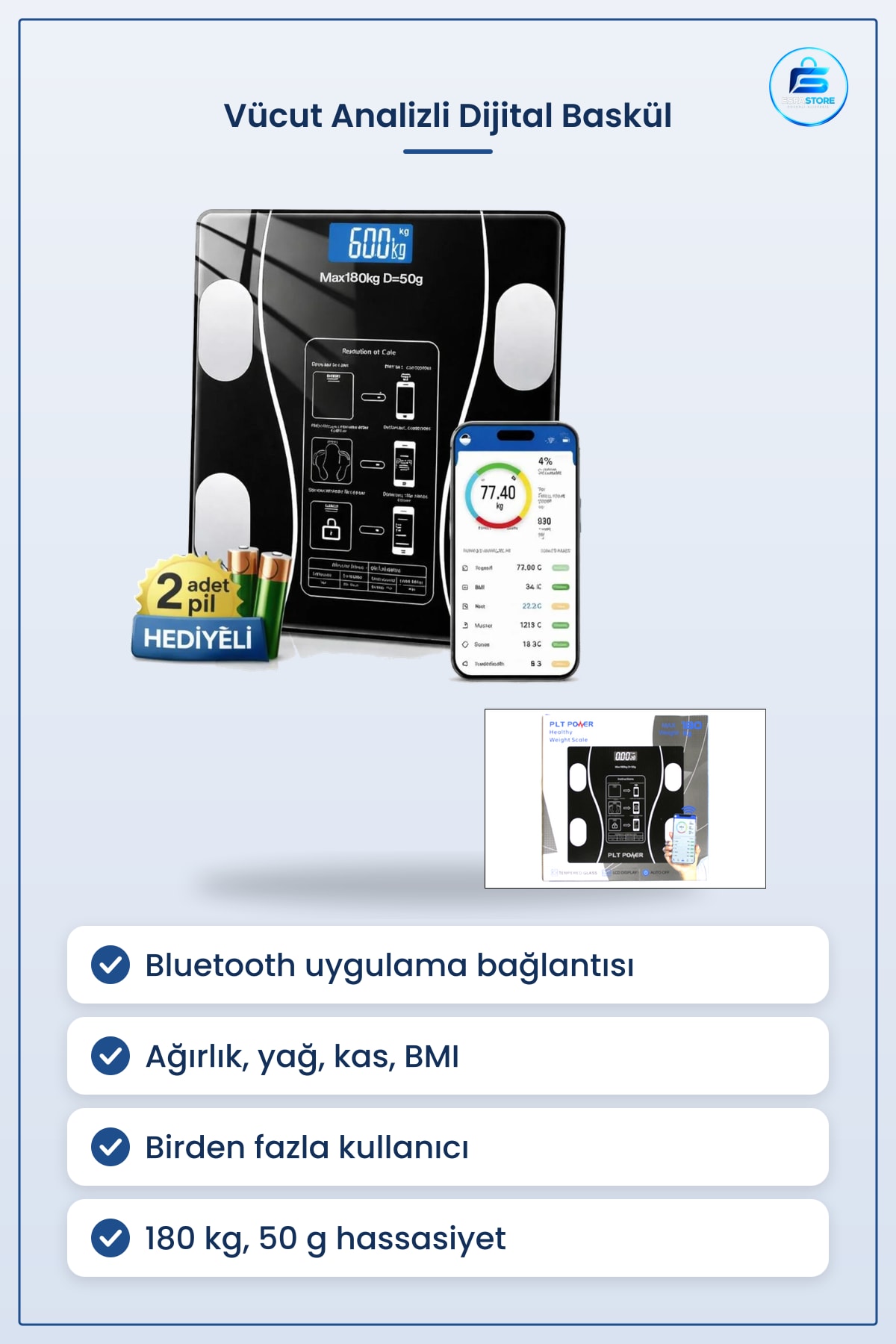 Vücut Analizli Bluetooth Dijital Baskül 180kg/50g Tartı Akıllı Kilo Yağ Kas Oranı Ölçer Banyo