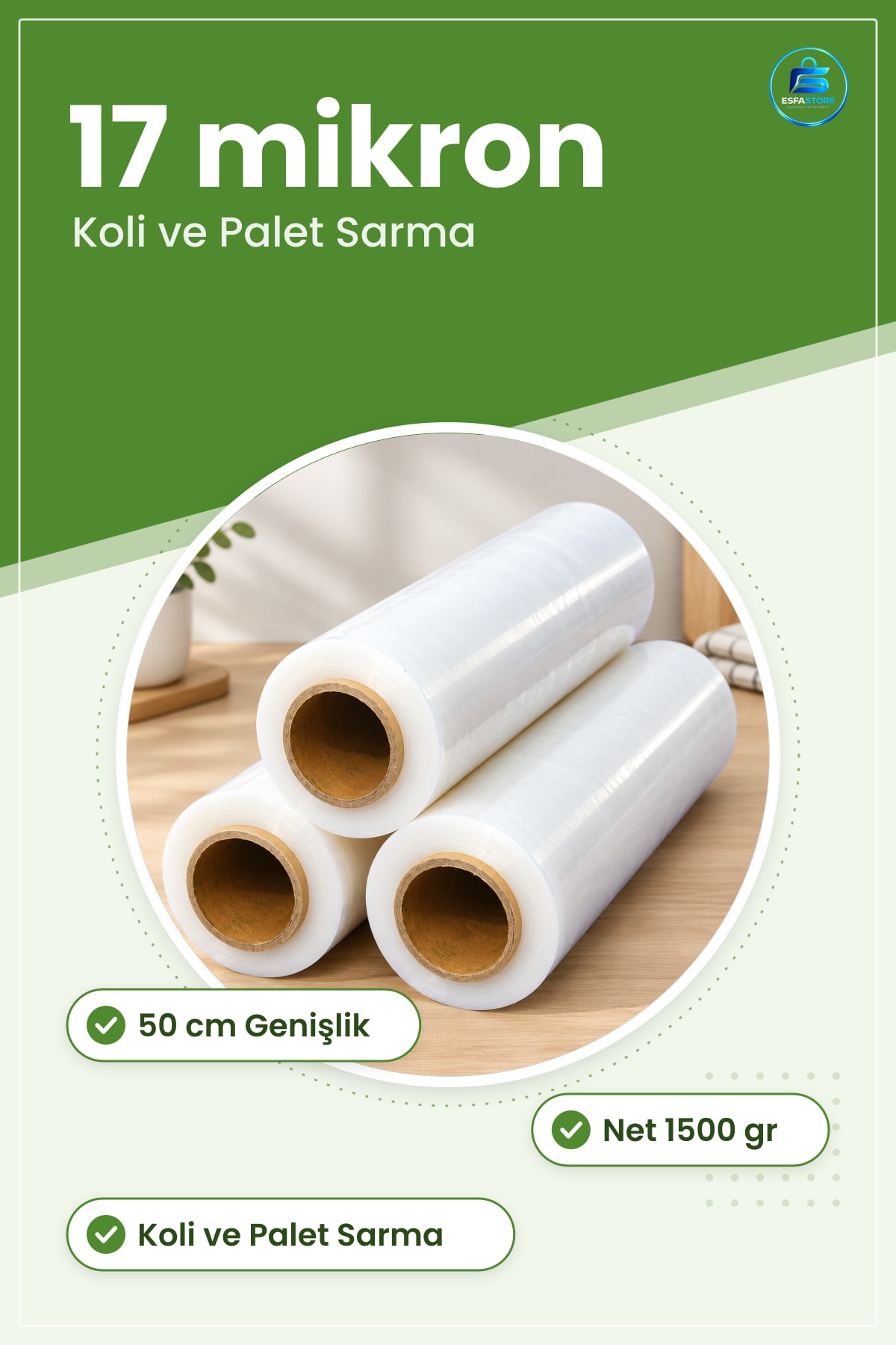 Streç Film Mikron 50 cm Palet ve Koli Sarma Mutfak Şeffaf Rulo 1500 gr Net Kullanışlı