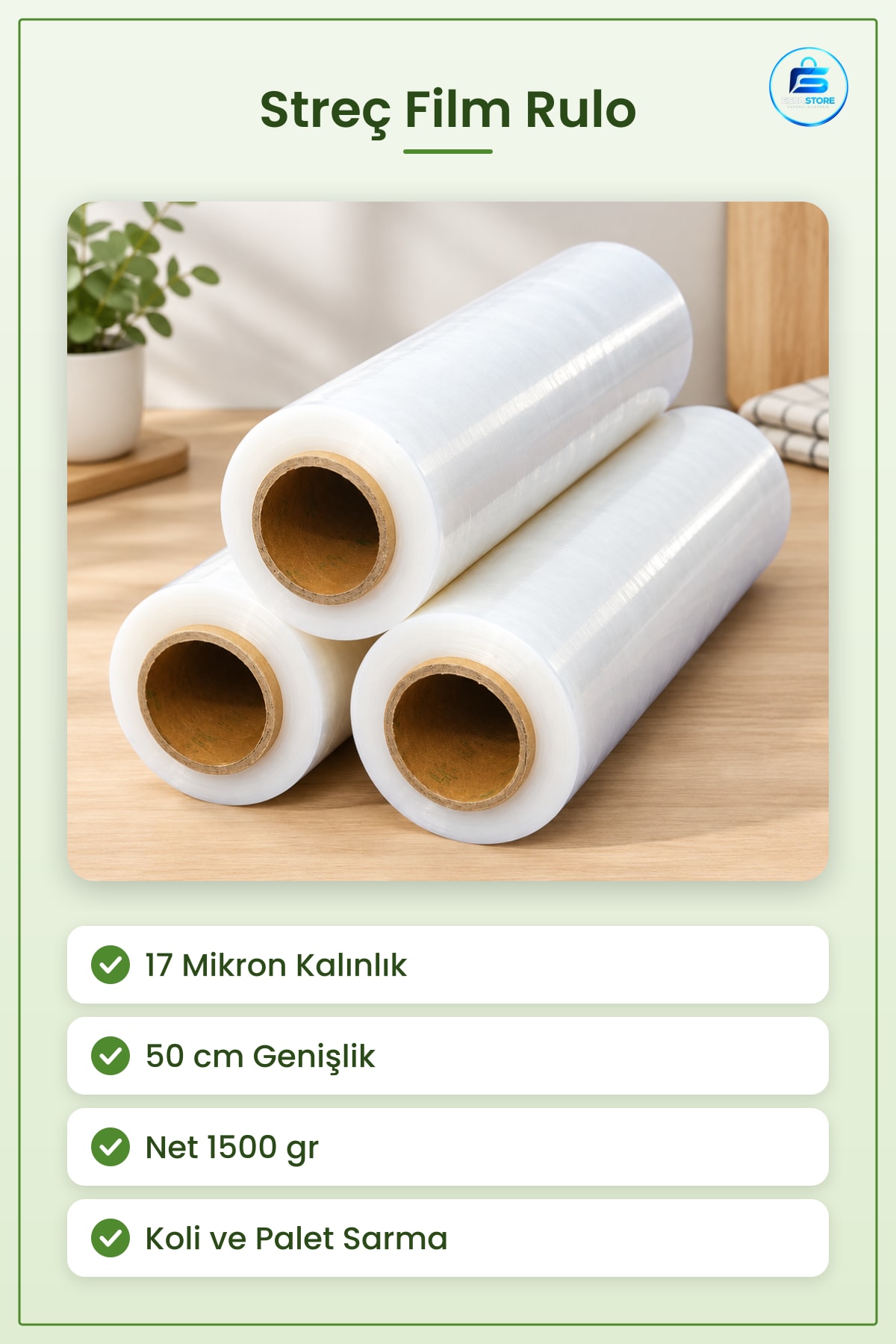 Streç Film Mikron 50 cm Palet ve Koli Sarma Mutfak Şeffaf Rulo 1500 gr Net Kullanışlı