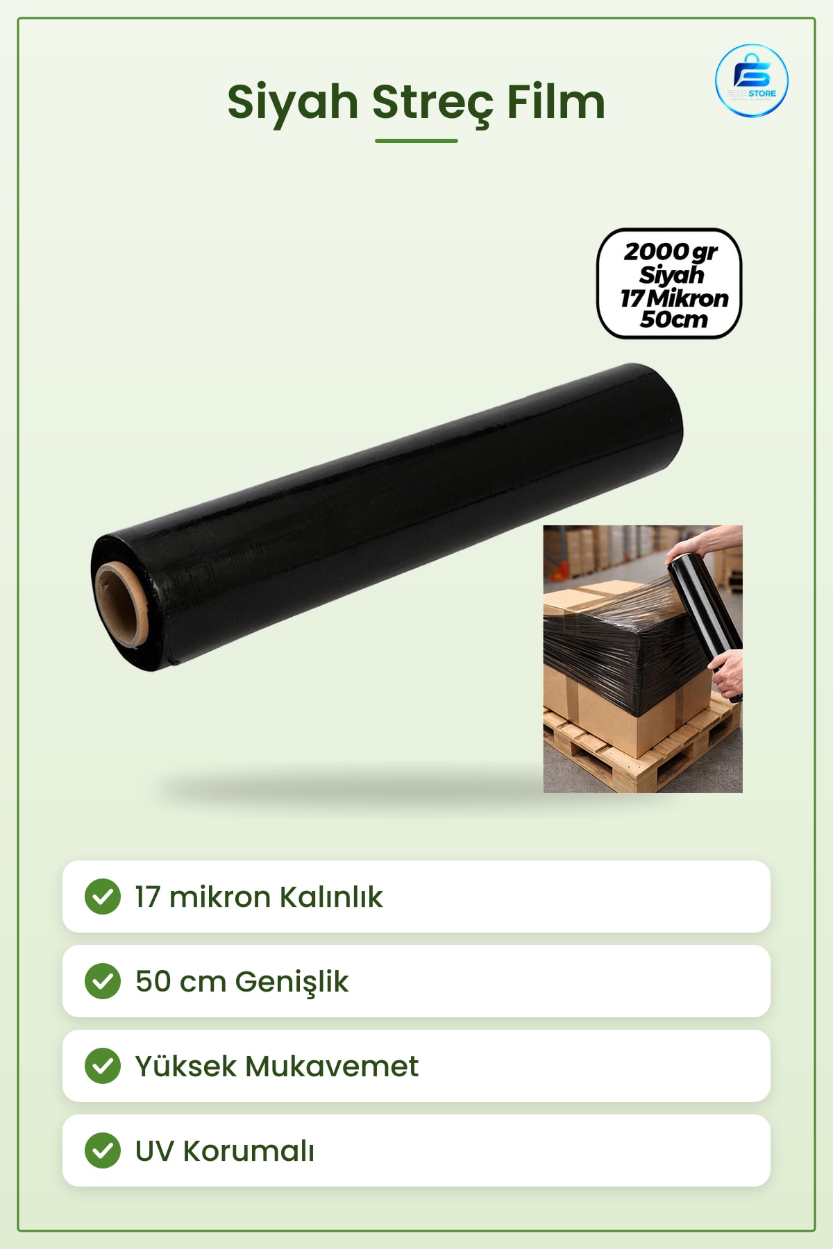 Siyah Streç Film Mikron 50 cm Palet Ambalaj Koli Sarma Dayanıklı Yüksek Yapışma Esnek PE