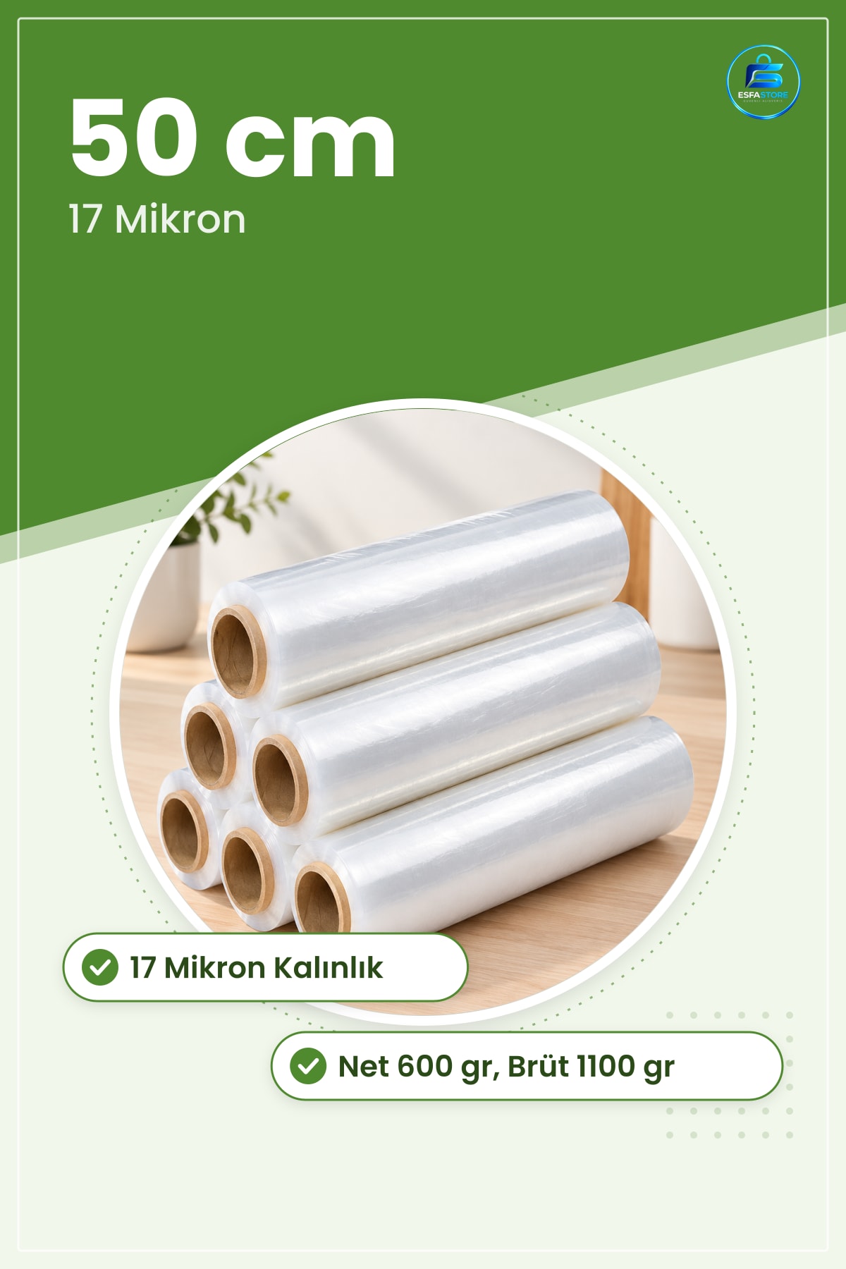Streç Film Mikron 50 cm Net 600 gr Brüt 1100 Mutfak Koli Palet Sarma Ambalaj Şeffaf