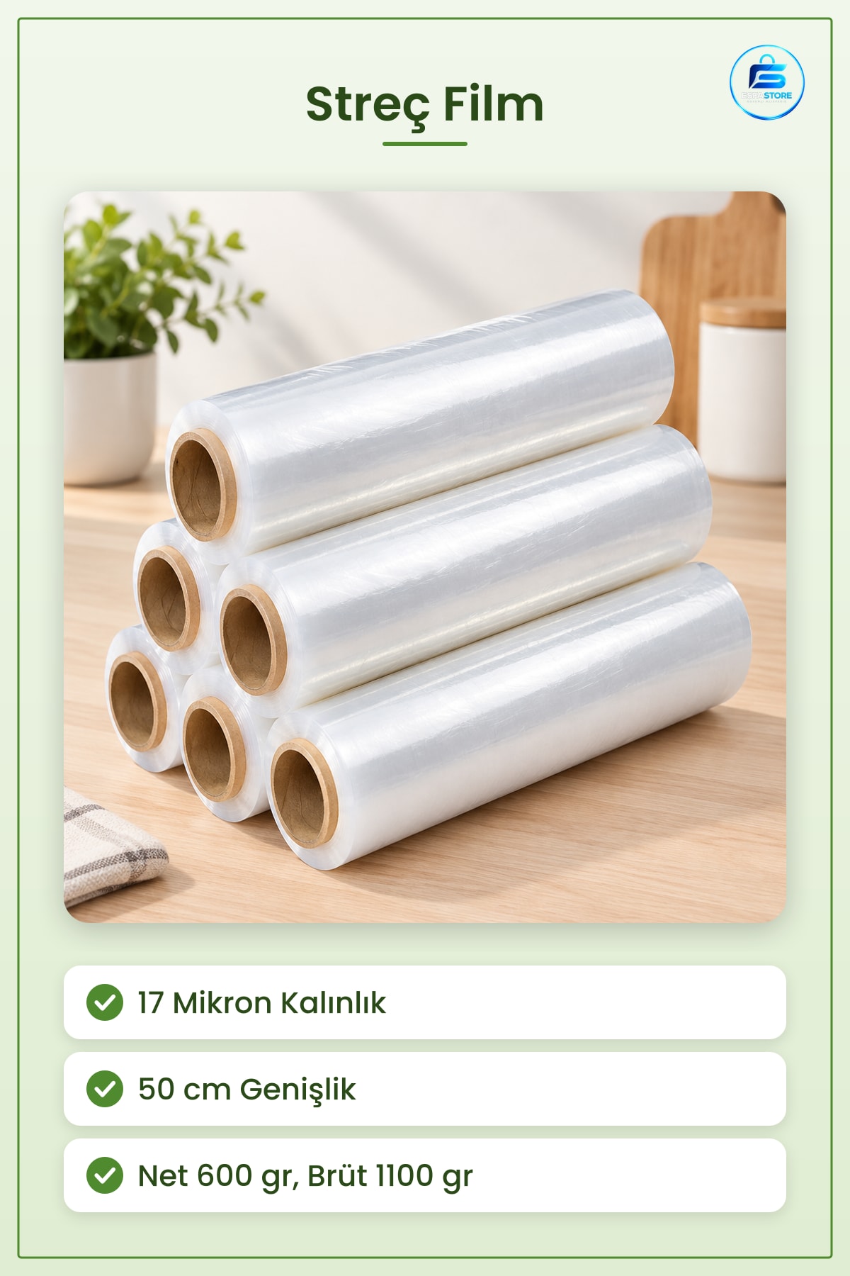 Streç Film Mikron 50 cm Net 600 gr Brüt 1100 Mutfak Koli Palet Sarma Ambalaj Şeffaf
