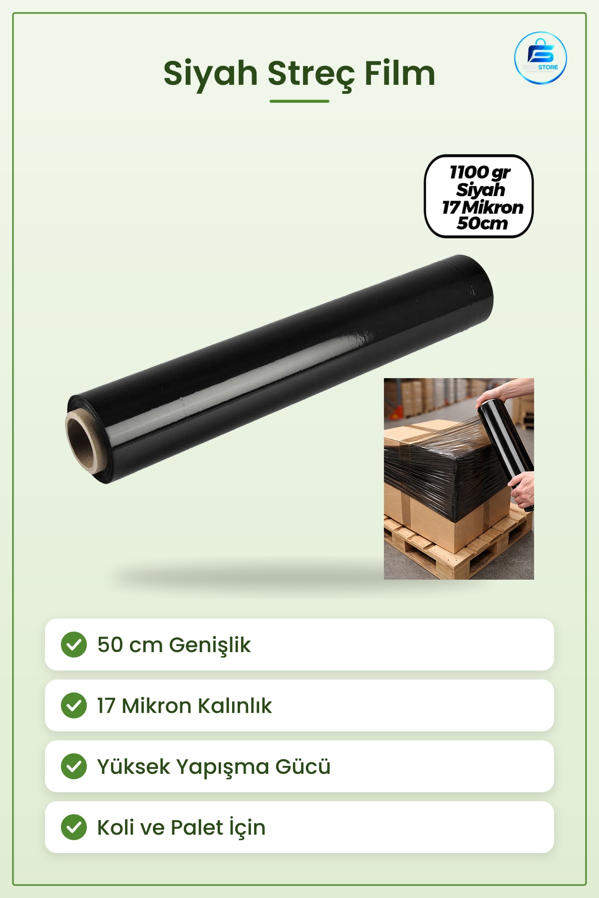 Streç Film Siyah Mikron 50 cm Koli ve Palet Paketleme Filmi Yüksek Yapışmalı Esnek Dayanıklı