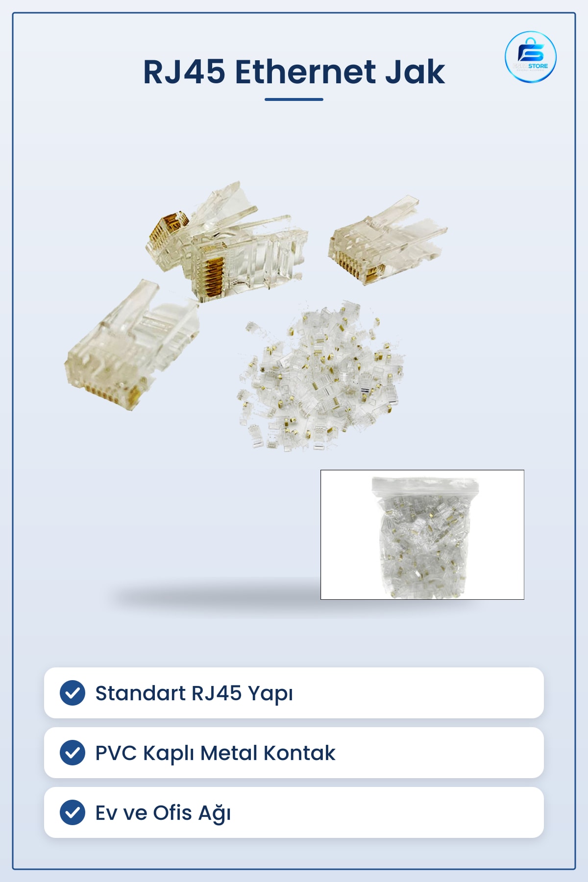 Standart RJ45 Ethernet Jak Network Aksesuarı PVC Kaplı Metal Kontaklı Ağ Bağlantı Konnektörü