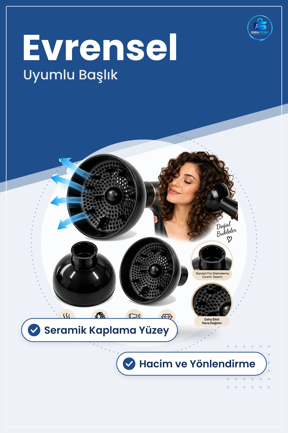 Saç Şekillendirici Başlık Difuzör Siyah Evrensel Uyumlu Fön Makinesi Hacim Bukle Düzleştirme