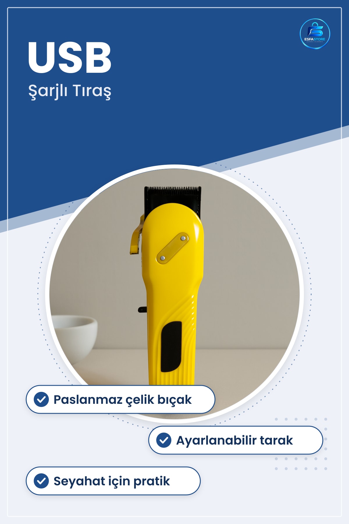 USB Şarjlı Saç ve Sakal Tıraş Makinesi Paslanmaz Çelik Bıçaklı Ayarlanabilir Tarak Seyahat