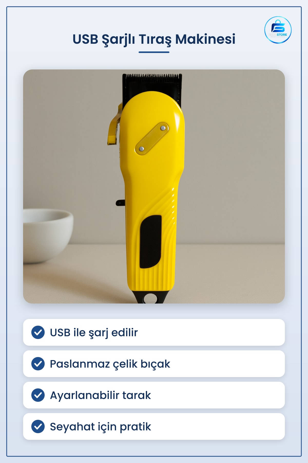USB Şarjlı Saç ve Sakal Tıraş Makinesi Paslanmaz Çelik Bıçaklı Ayarlanabilir Tarak Seyahat