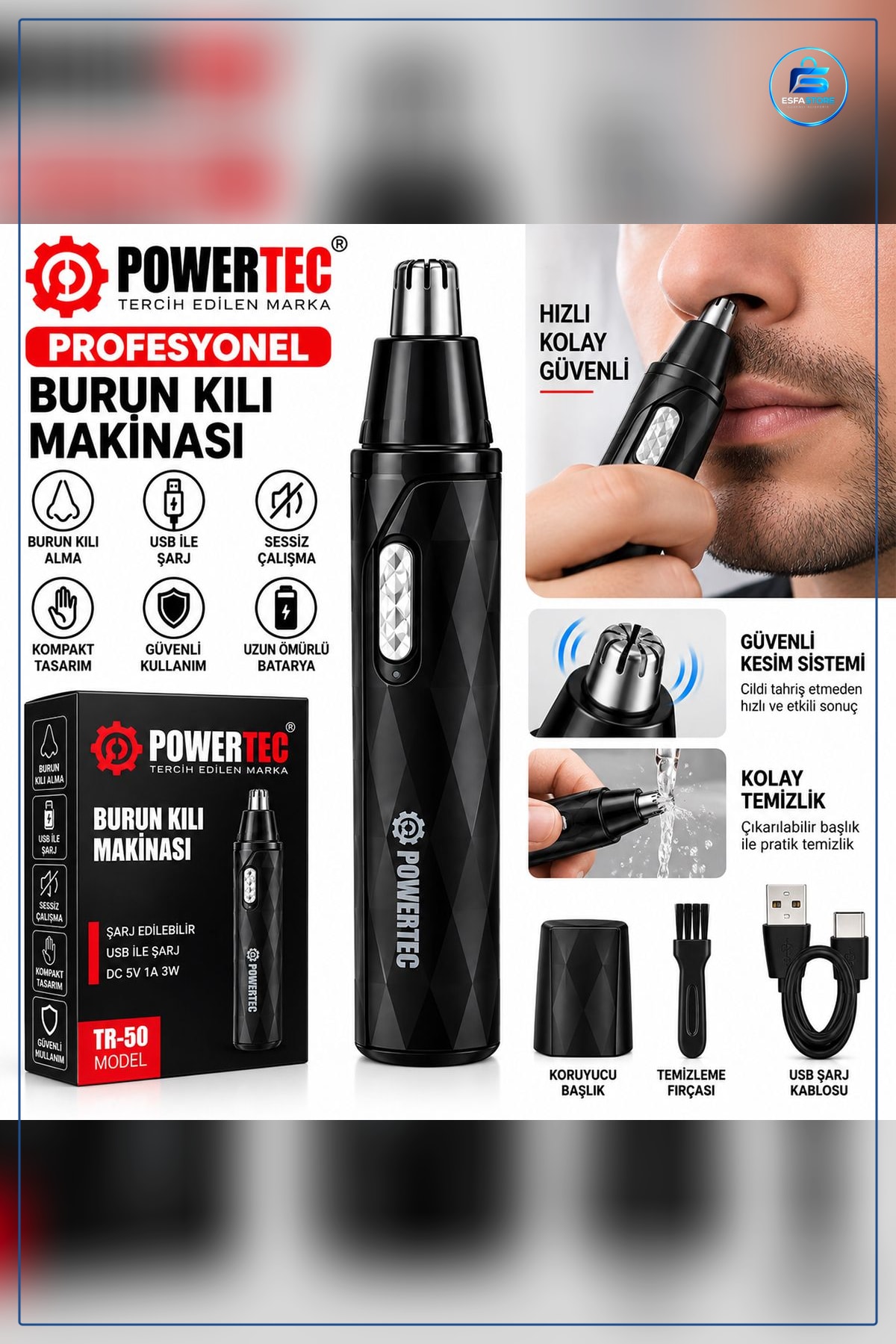 Şarjlı Burun Kıl Traş Makinesi Kalem Model USB Tip C Paslanmaz Çelik Kesici Başlık Bakım