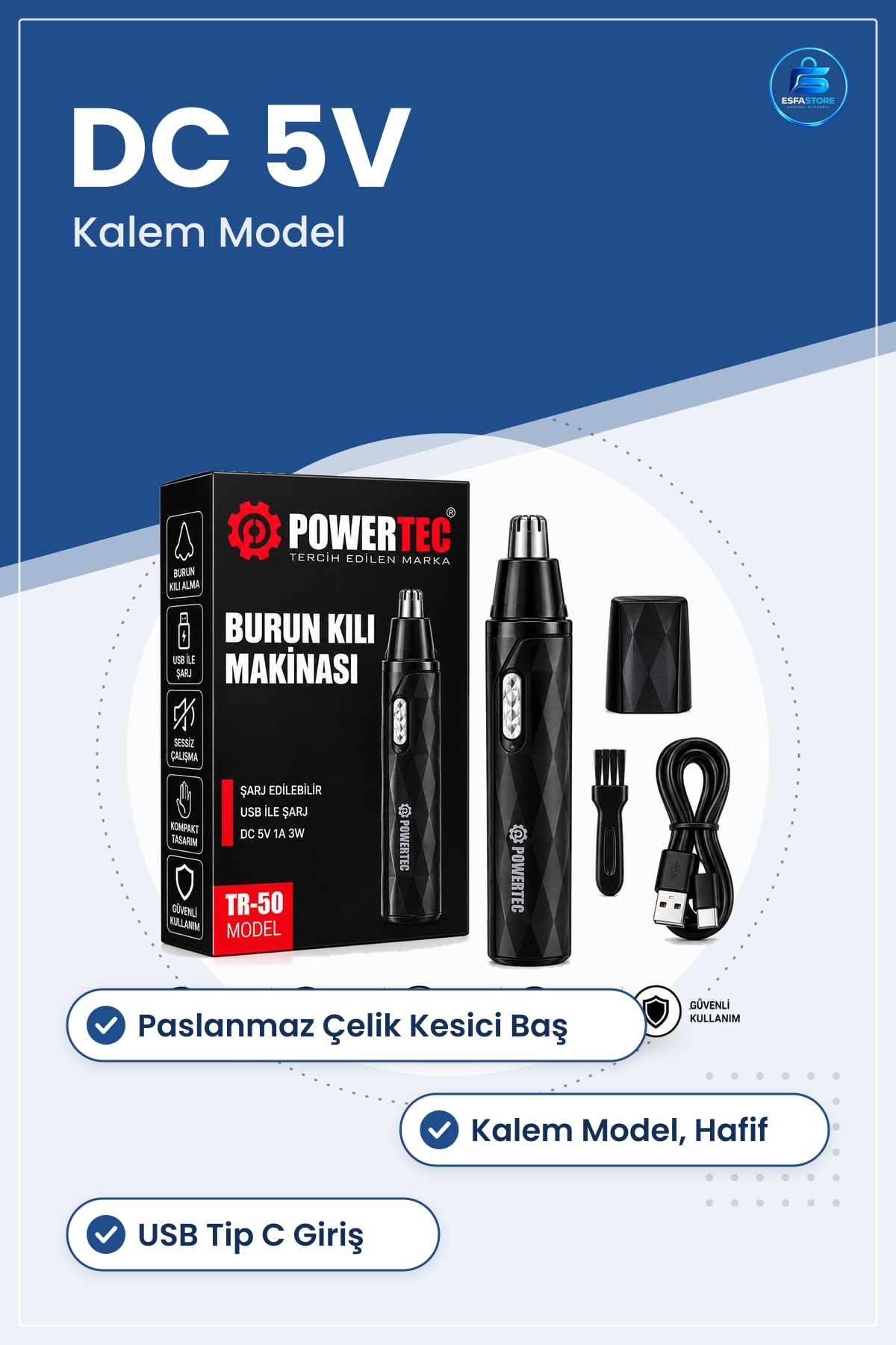 Şarjlı Burun Kıl Traş Makinesi Kalem Model USB Tip C Paslanmaz Çelik Kesici Başlık Bakım