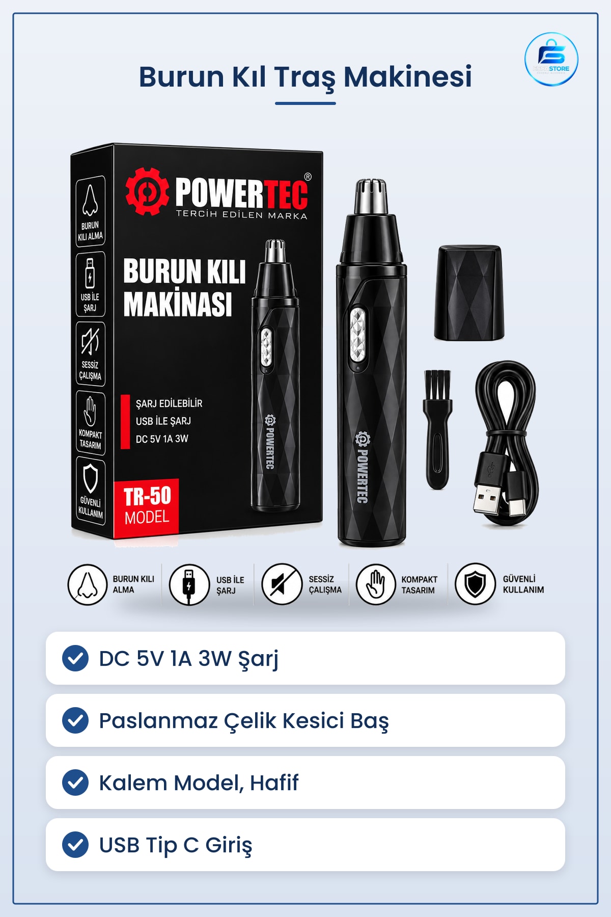 Şarjlı Burun Kıl Traş Makinesi Kalem Model USB Tip C Paslanmaz Çelik Kesici Başlık Bakım