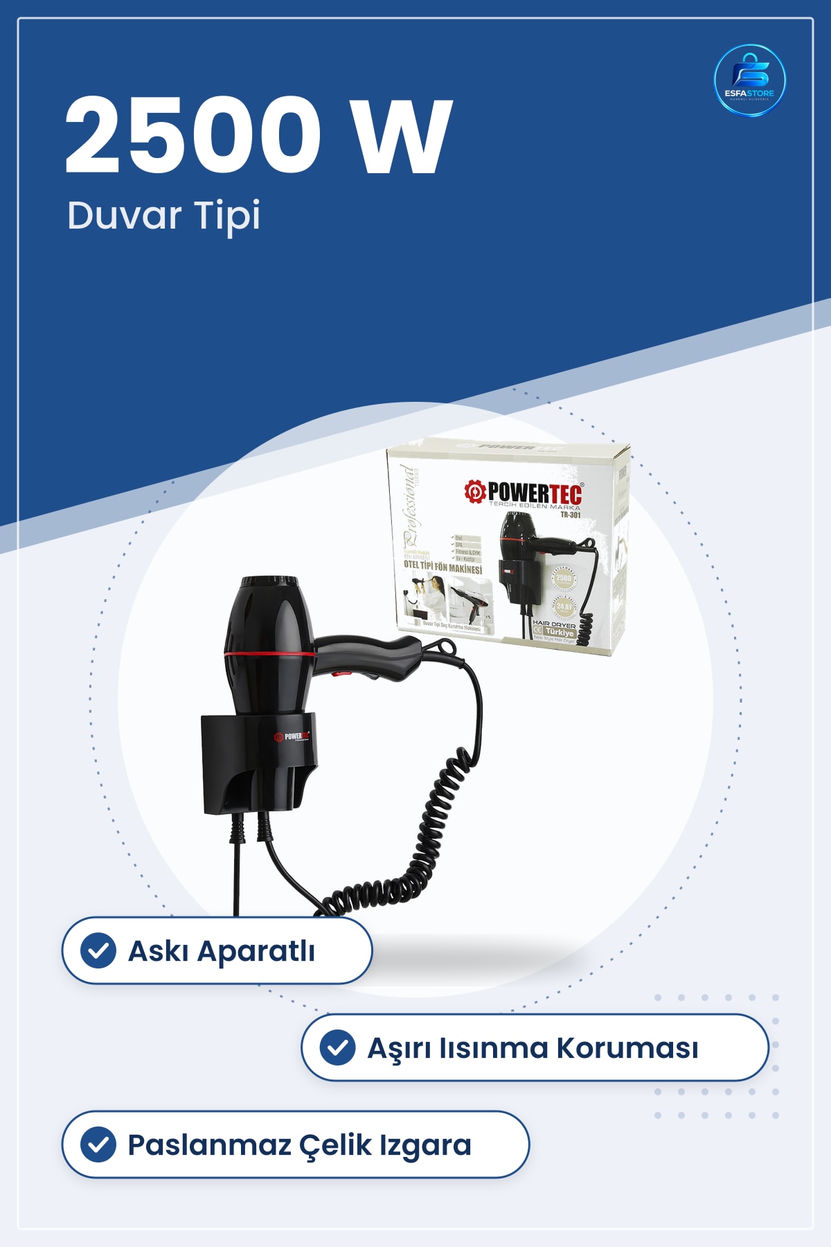 Duvar Tipi Fön 2500W Askı Aparatlı Otel Modeli Saç Kurutma Makinesi Banyo Spa Fitness Kullanımı
