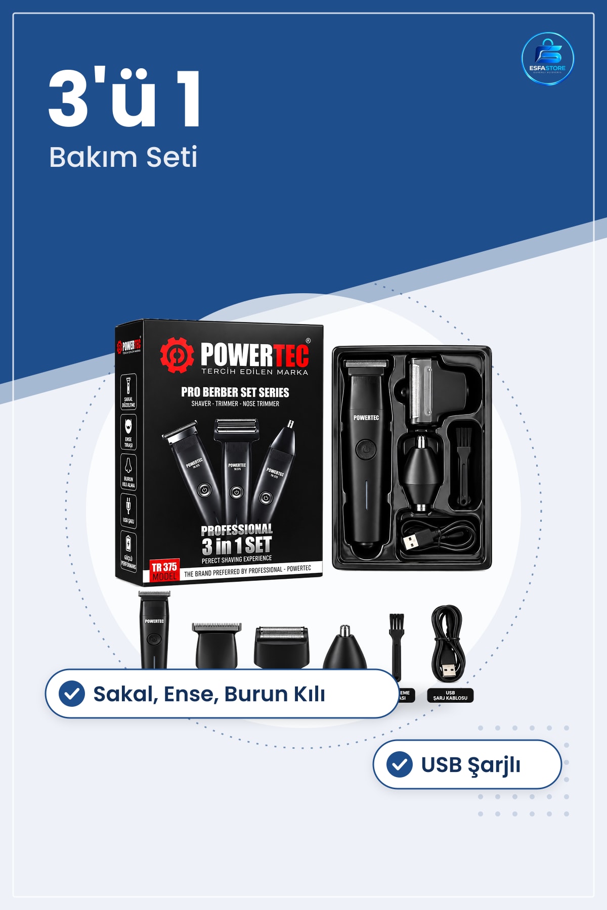 Tıraş Makinesi 3'ü 1 Arada Sakal Ense Burun Kıl Alma Seti USB Şarjlı Elektrikli Bakım