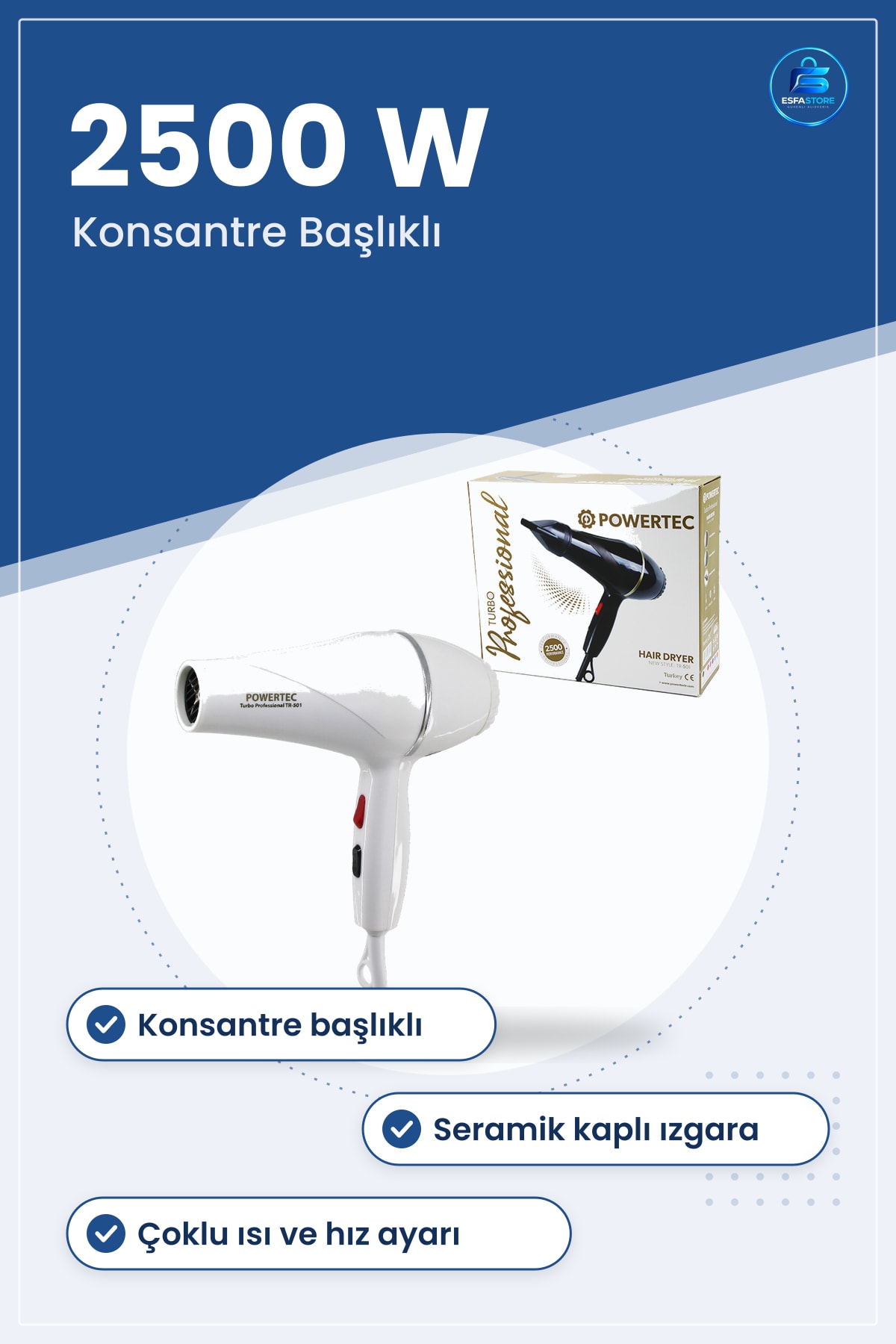 Saç Kurutma Makinesi 2500W Beyaz Fön Salon Kalitesi Şekillendirme Konsantre Başlıklı Ergonomik