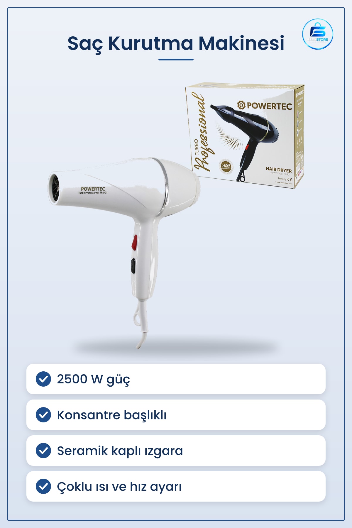 Saç Kurutma Makinesi 2500W Beyaz Fön Salon Kalitesi Şekillendirme Konsantre Başlıklı Ergonomik