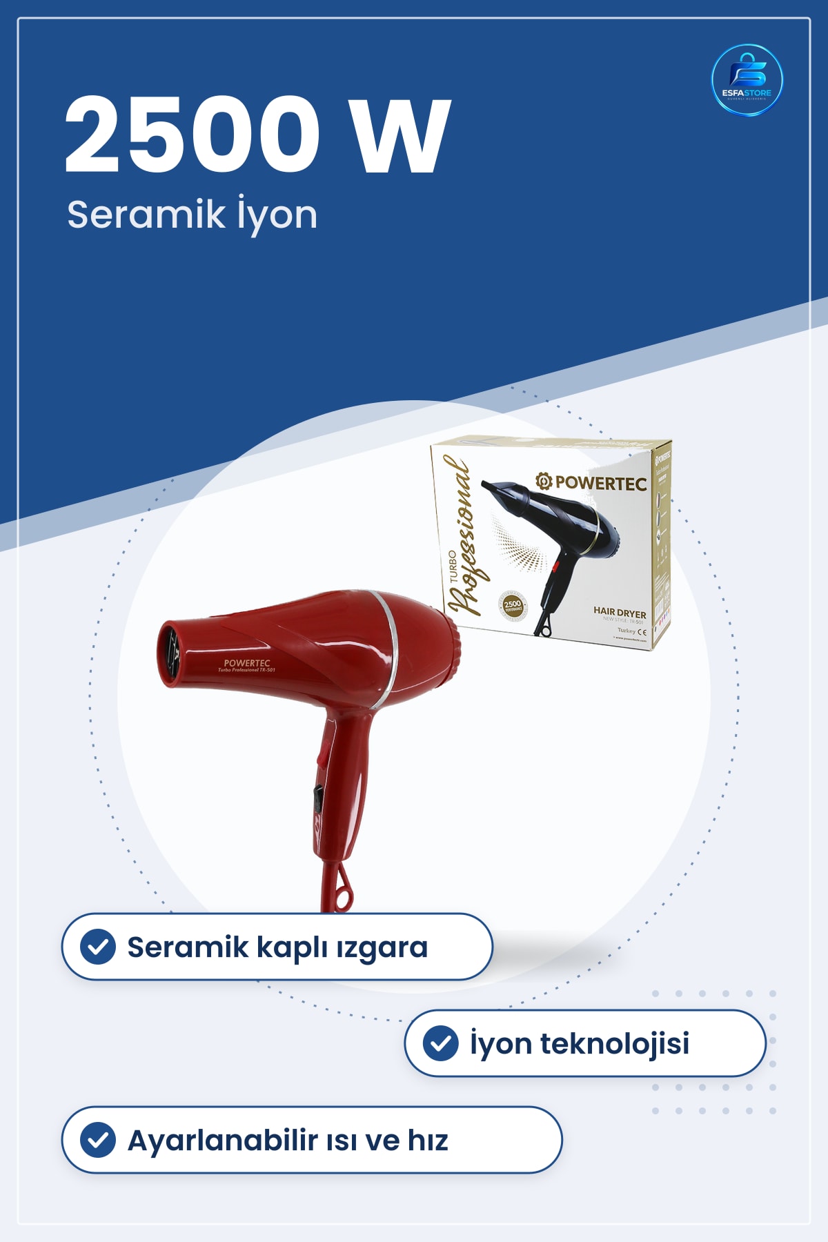 Saç Kurutma Makinesi Kırmızı 2500W Profesyonel Fön Seramik İyon Ayarlanabilir Isı Hız Kademeli