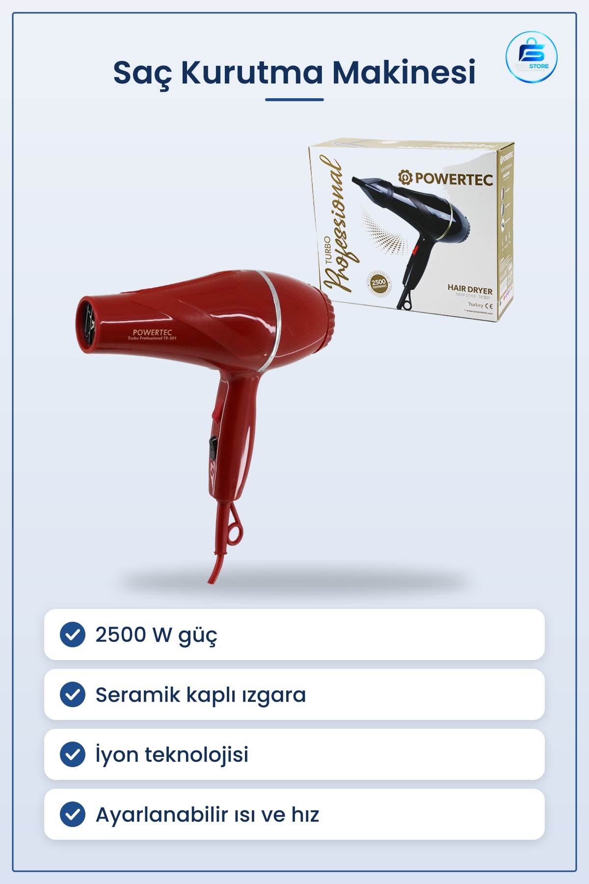Saç Kurutma Makinesi Kırmızı 2500W Profesyonel Fön Seramik İyon Ayarlanabilir Isı Hız Kademeli