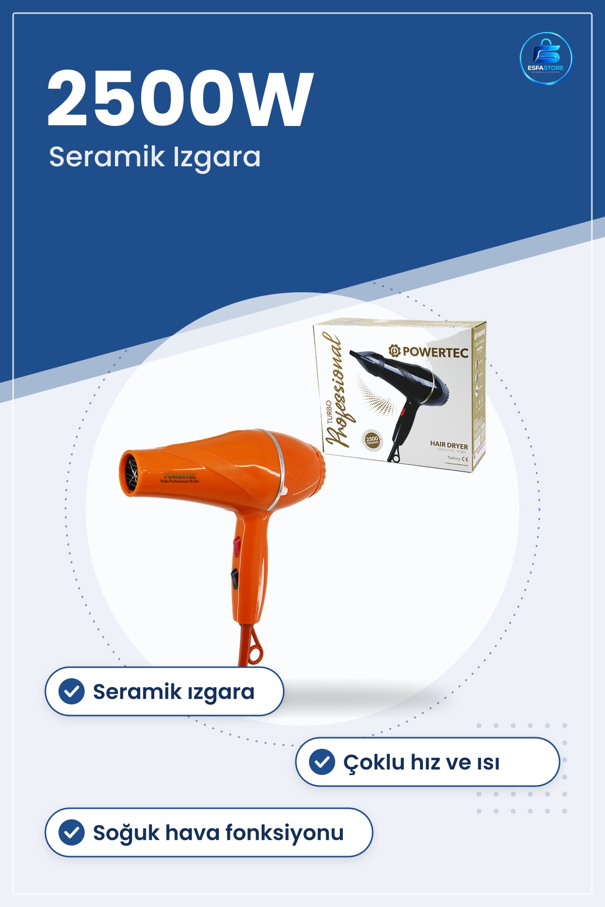 Saç Kurutma Makinesi 2500W Turuncu Seramik Izgaralı Konsantre Başlıklı Profesyonel Fön Aleti