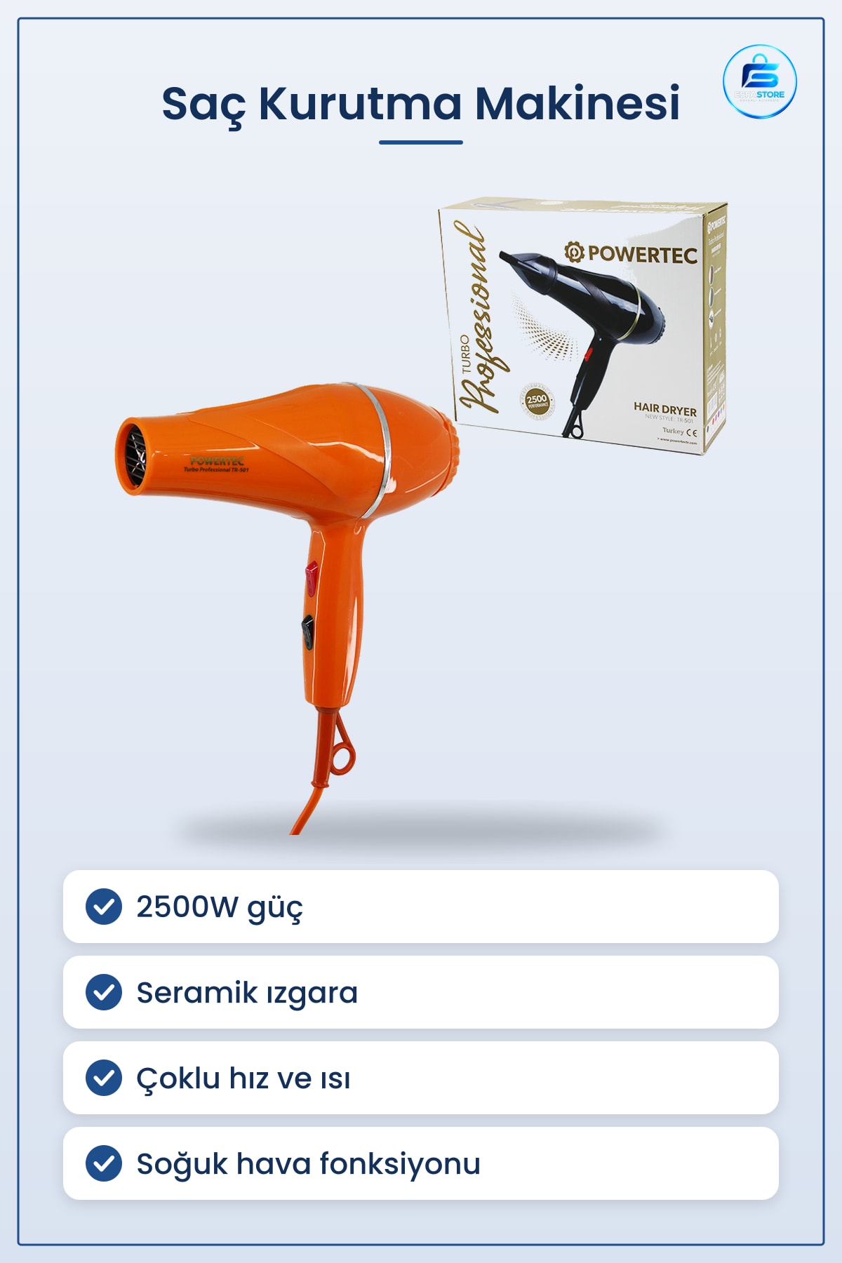 Saç Kurutma Makinesi 2500W Turuncu Seramik Izgaralı Konsantre Başlıklı Profesyonel Fön Aleti