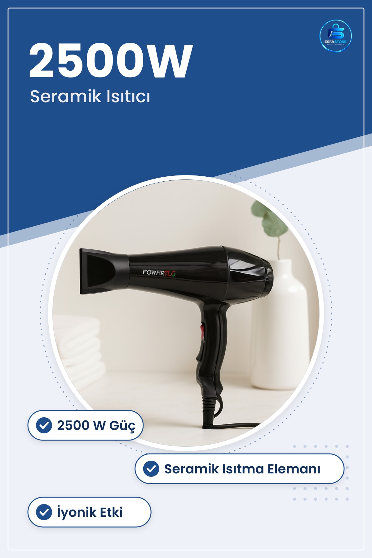 Saç Kurutma Makinesi 2500W Seramik Isıtıcılı İyonik Hızlı Ev ve Profesyonel Kullanım Ergonomik